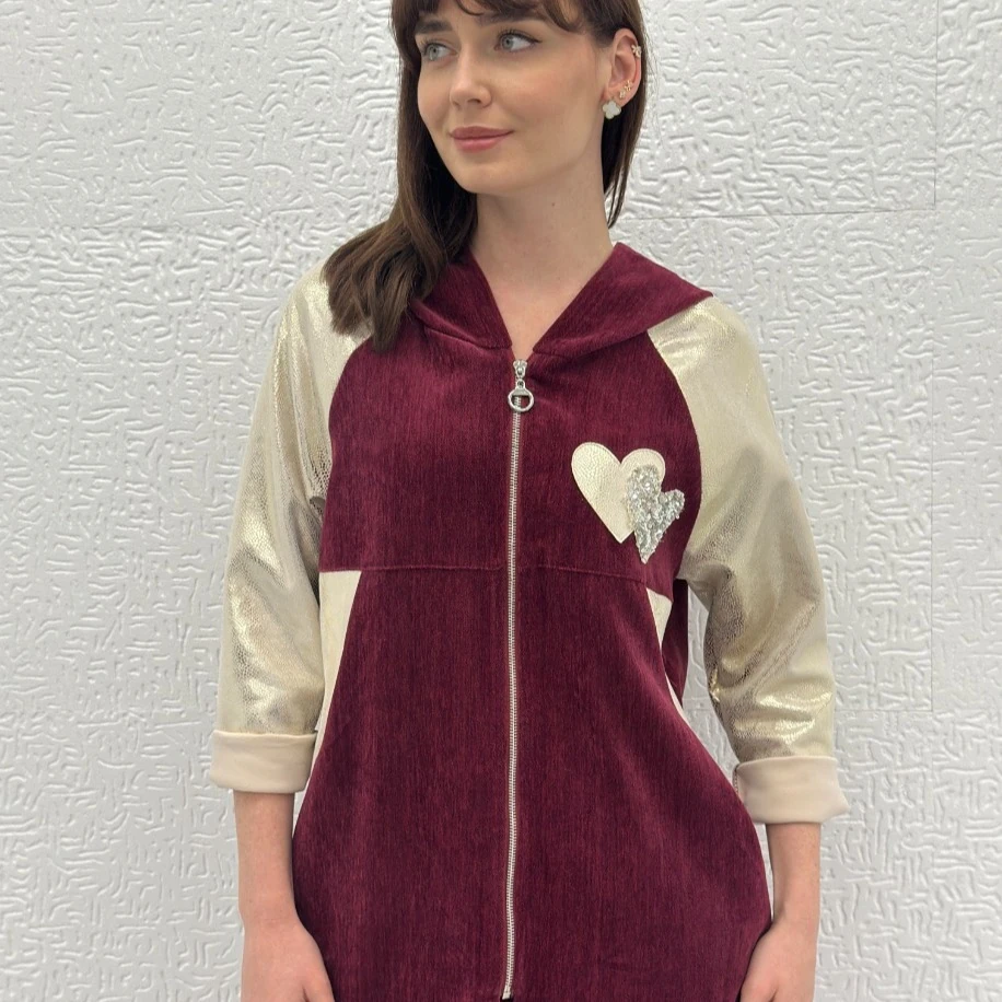 İTHAL KALP DESEN FERMUARLI KAPÜŞONLU KADİFE CEKET