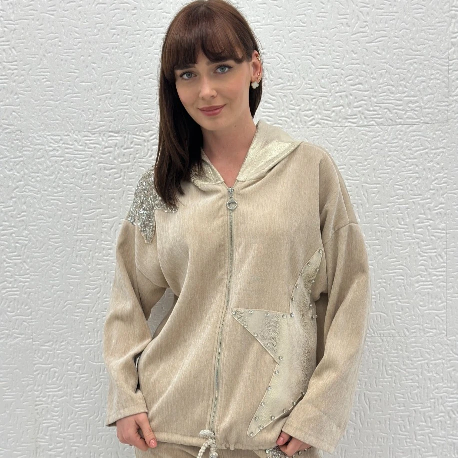 İTHAL YILDIZ DESEN FERMUARLI KAPÜŞONLU KADİFE CEKET