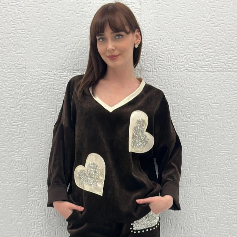 İTHAL KALP DESENLİ KADİFE BLUZ