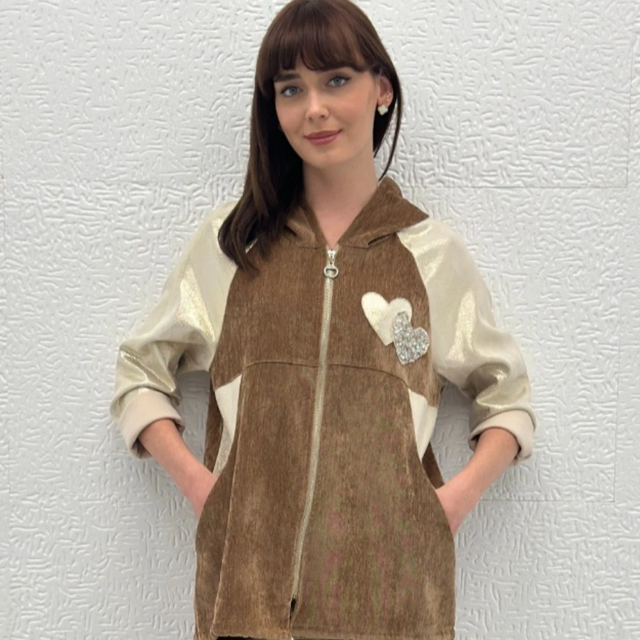 İTHAL KALP DESEN FERMUARLI KAPÜŞONLU KADİFE CEKET