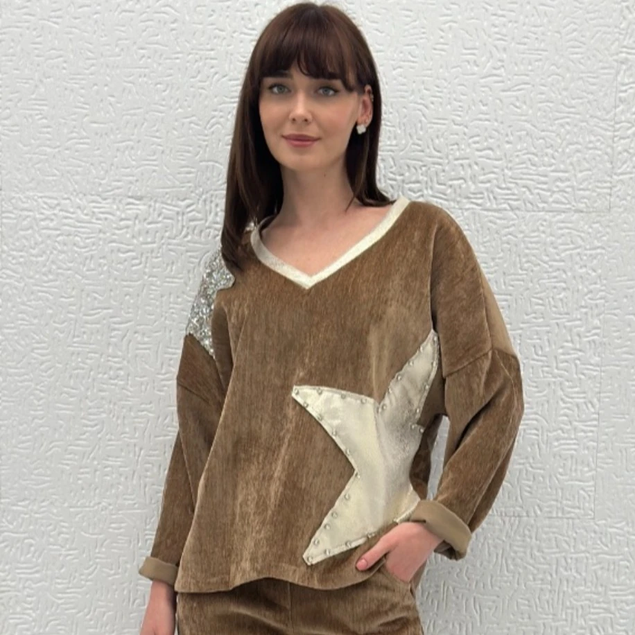 İTHAL PARLAK YILDIZ DESEN KADİFE BLUZ