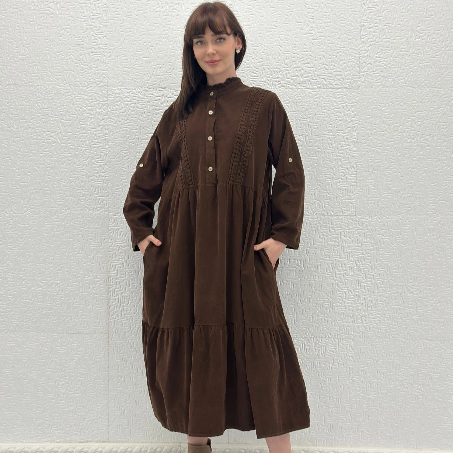 İTHAL YARIM DÜĞMELİ DÜZ KADİFE ELBİSE