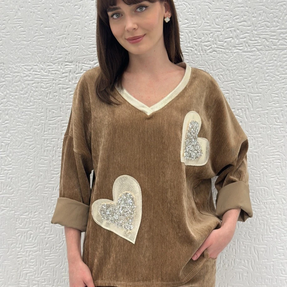İTHAL KALP DESENLİ KADİFE BLUZ