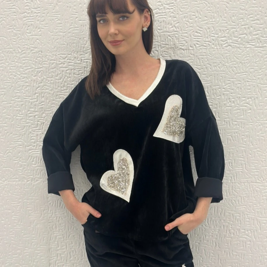 İTHAL KALP DESENLİ KADİFE BLUZ