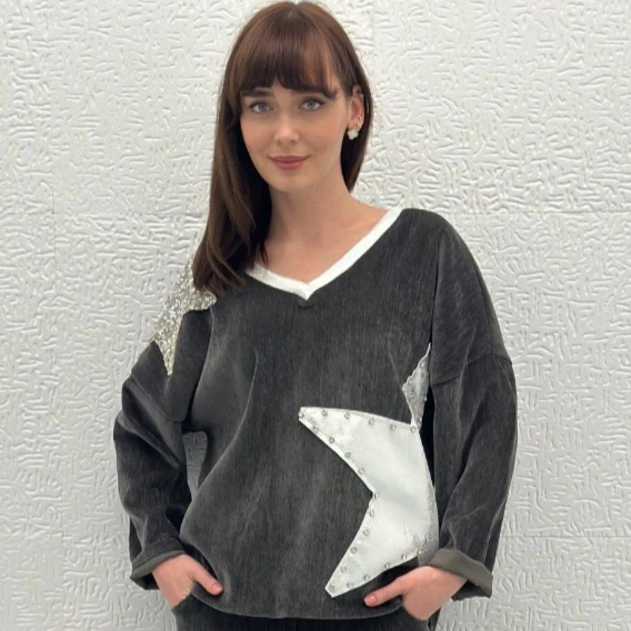 İTHAL PARLAK YILDIZ DESEN KADİFE BLUZ