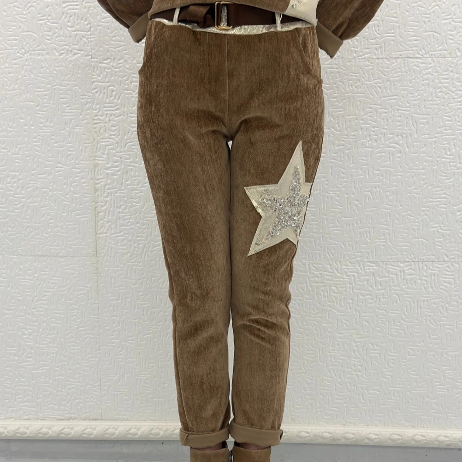 İTHAL PARLAK YILDIZ DESEN KADİFE PANTOLON
