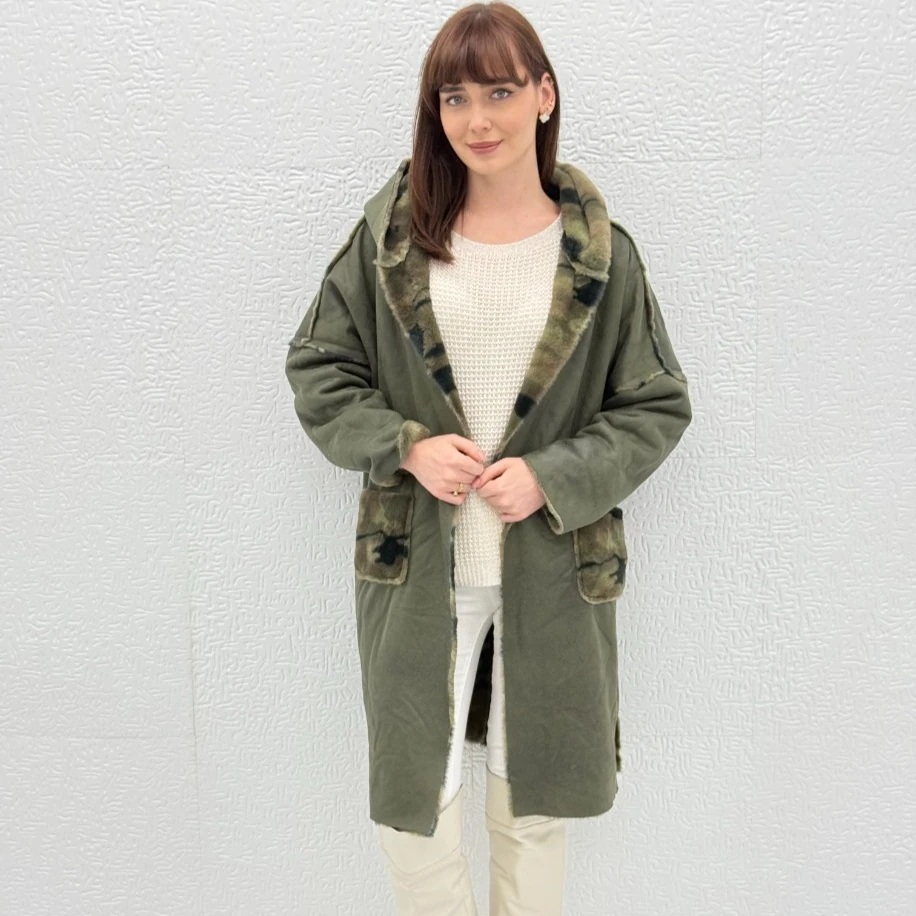 İTHAL İÇİ KAMUFLAJ DESEN KÜRKLÜ KAPİŞONLU CEKET