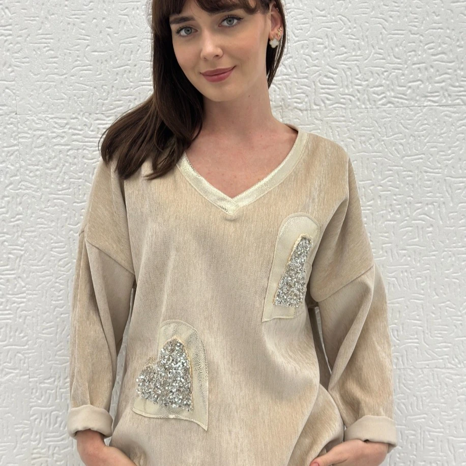 İTHAL KALP DESENLİ KADİFE BLUZ