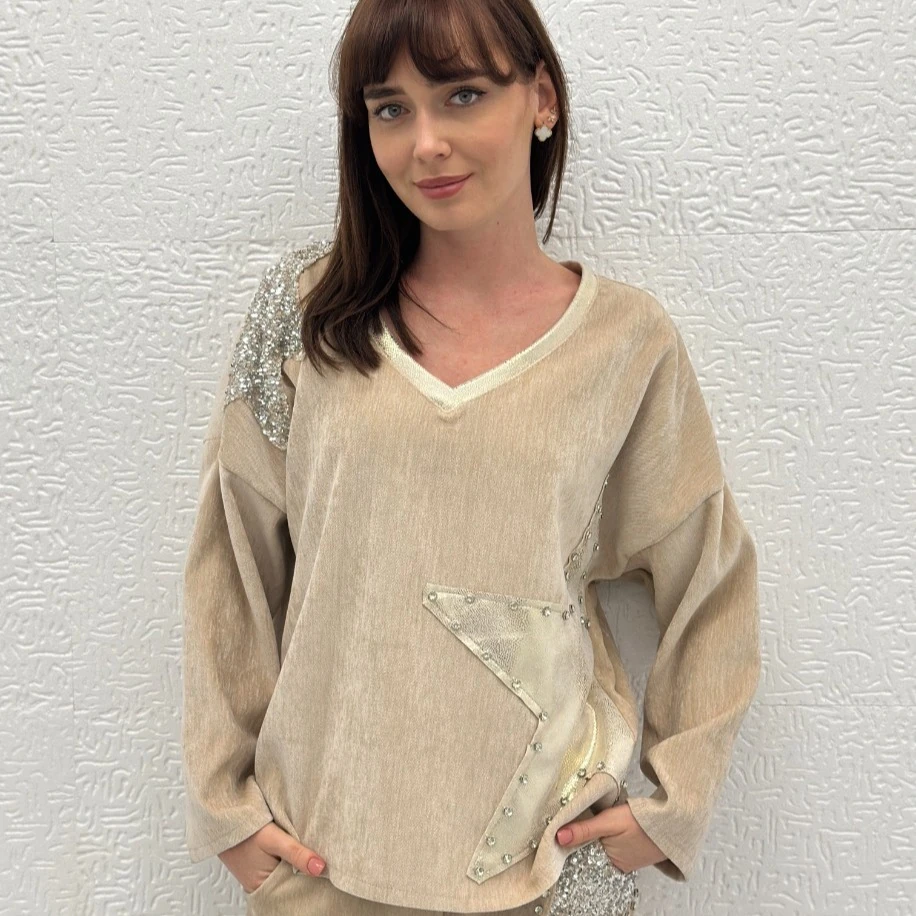 İTHAL PARLAK YILDIZ DESEN KADİFE BLUZ