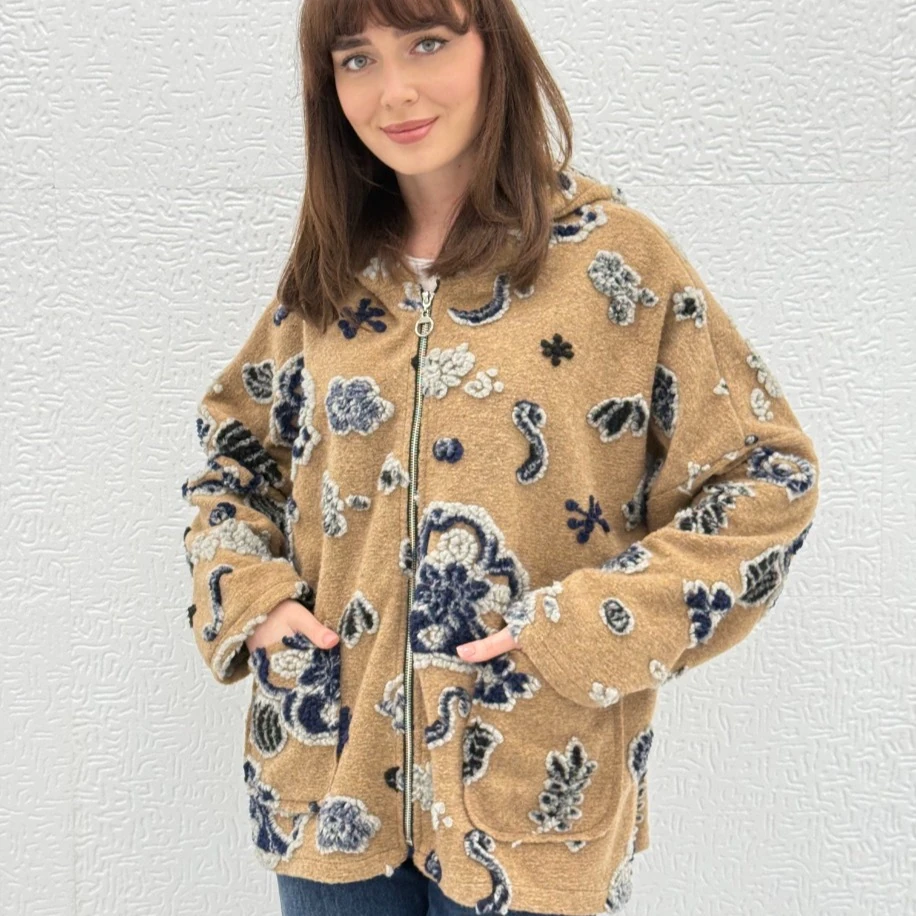 İTHAL KAPÜŞONLU, KABARTMALI ,OVERSİZE KALIP KEÇE KABAN