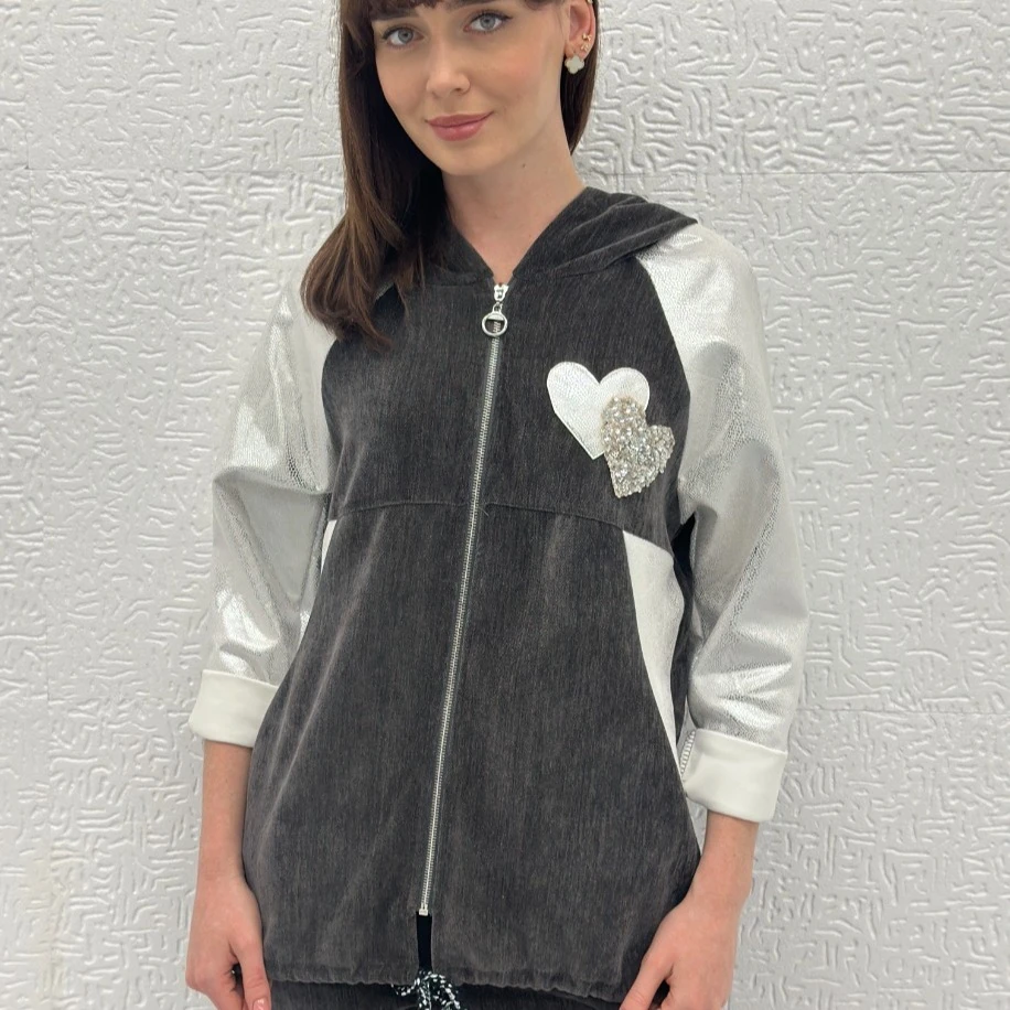 İTHAL KALP DESEN FERMUARLI KAPÜŞONLU KADİFE CEKET