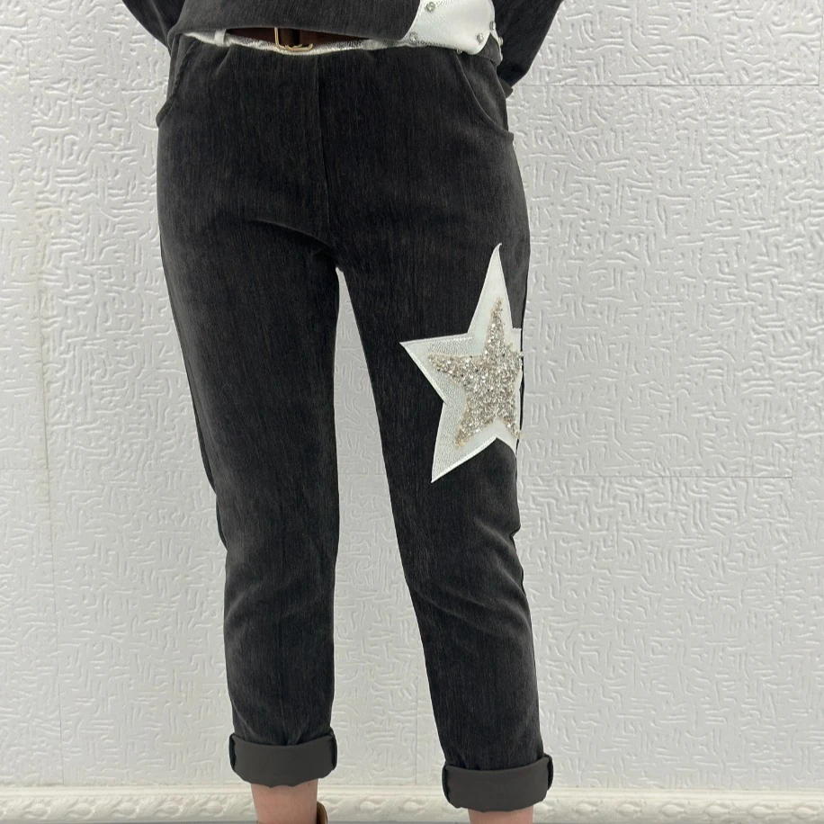 İTHAL PARLAK YILDIZ DESEN KADİFE PANTOLON
