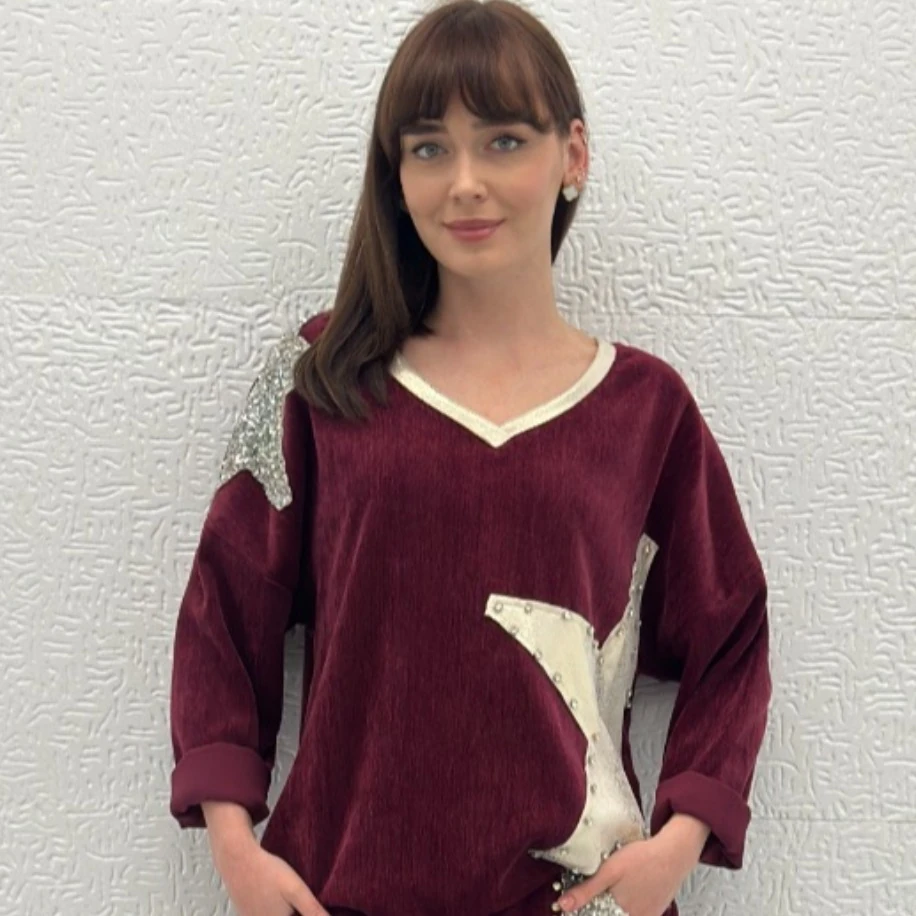 İTHAL PARLAK YILDIZ DESEN KADİFE BLUZ