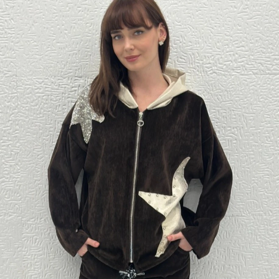 İTHAL YILDIZ DESEN FERMUARLI KAPÜŞONLU KADİFE CEKET