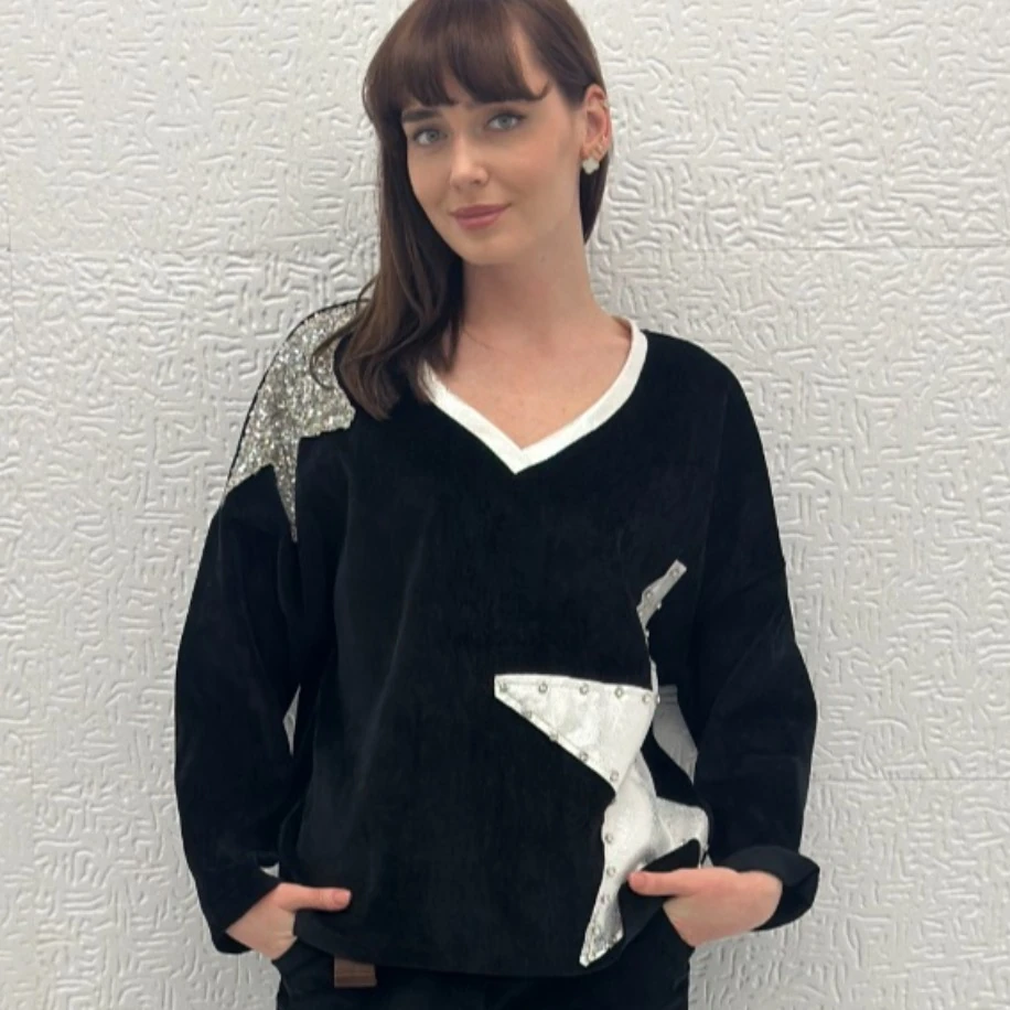 İTHAL PARLAK YILDIZ DESEN KADİFE BLUZ