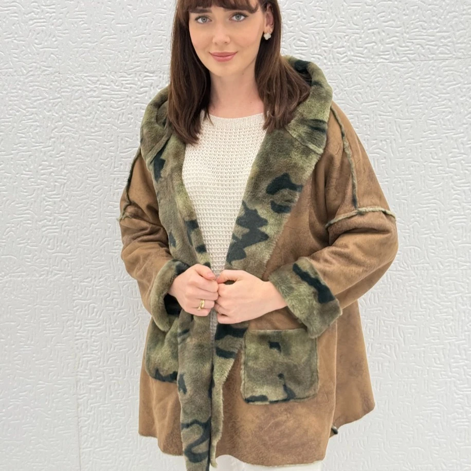 İTHAL İÇİ KAMUFLAJ DESEN KÜRKLÜ KAPİŞONLU CEKET