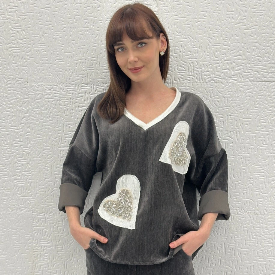 İTHAL KALP DESENLİ KADİFE BLUZ
