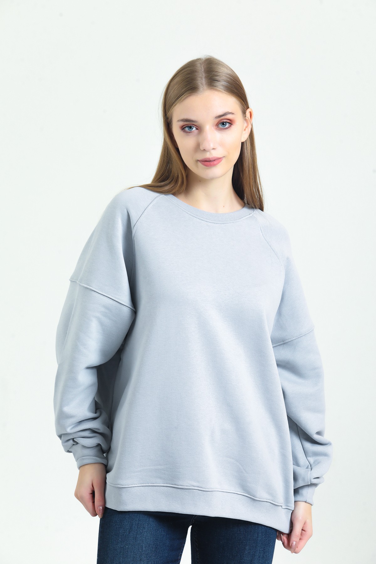 Kadın Oversized Sweatshirt Mavi %100Pamuk