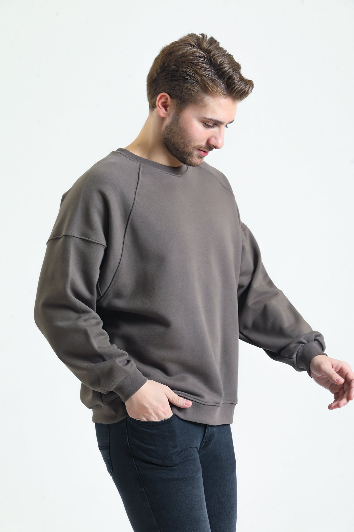  Erkek Oversized Sweatshirt Kahverengi %100 Pamuk