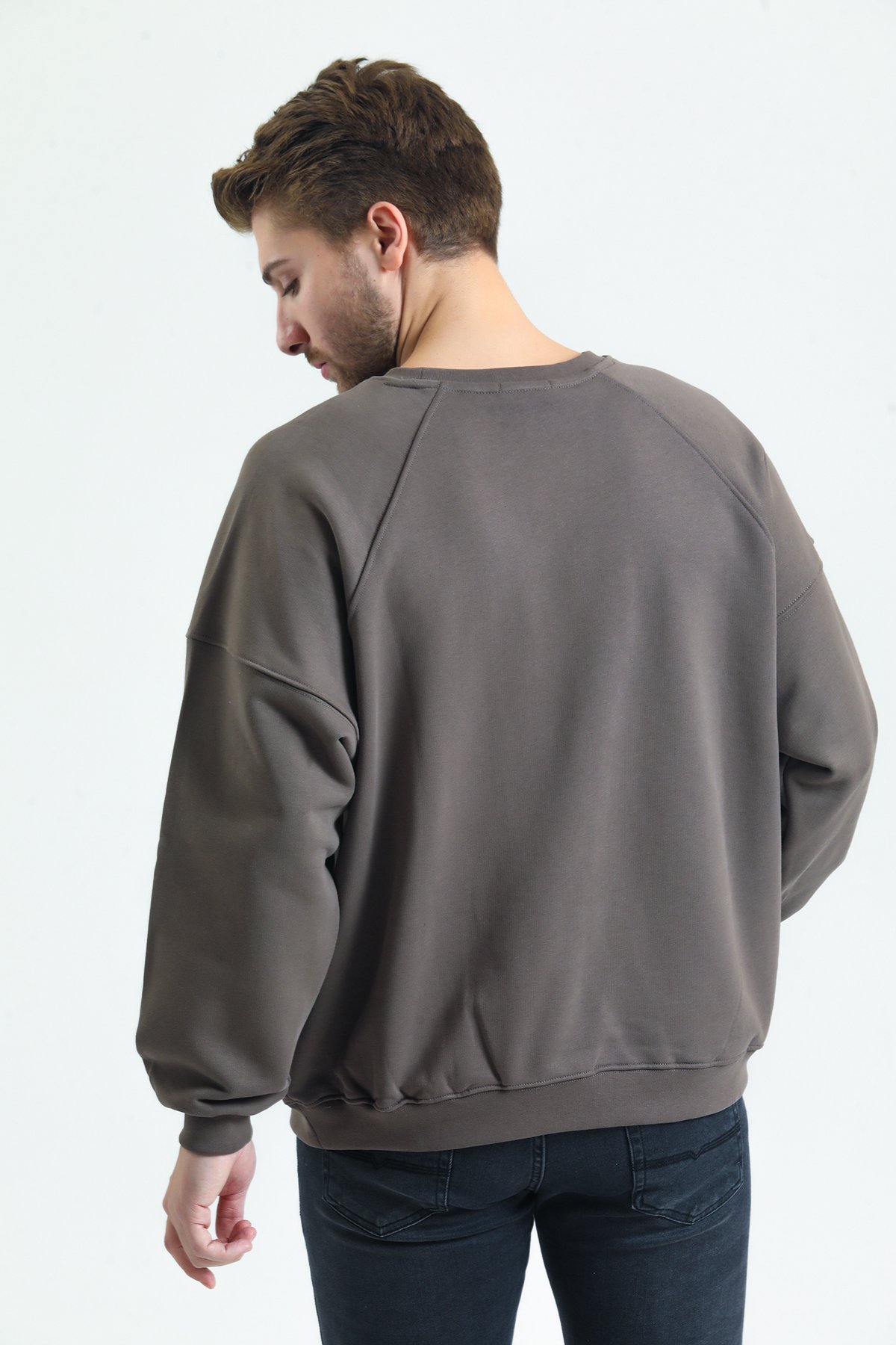  Erkek Oversized Sweatshirt Kahverengi %100 Pamuk