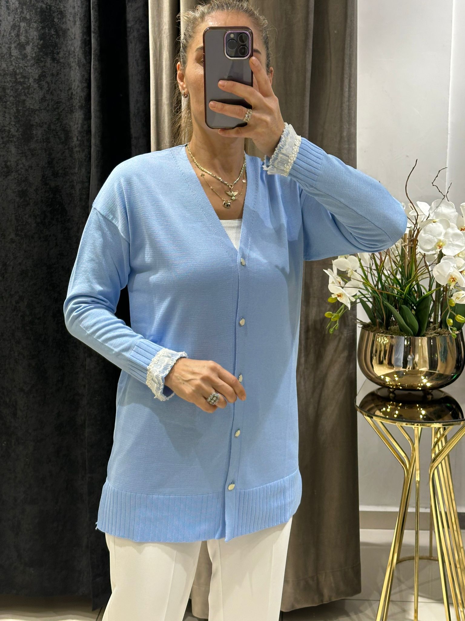 KOLLARI TÜLLÜ SOĞUK İP MESERİZE HIRKA - BEBE MAVİ