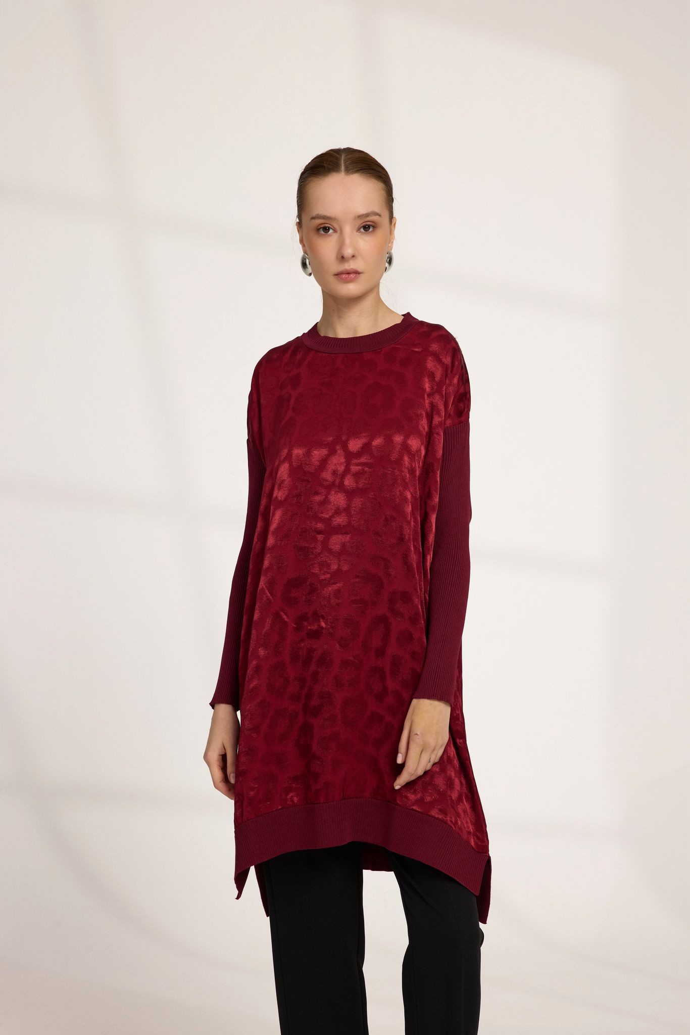 LEOPAR DESEN JAKAR GARNİLİ SOĞUK İP MESERİZE  - BORDO