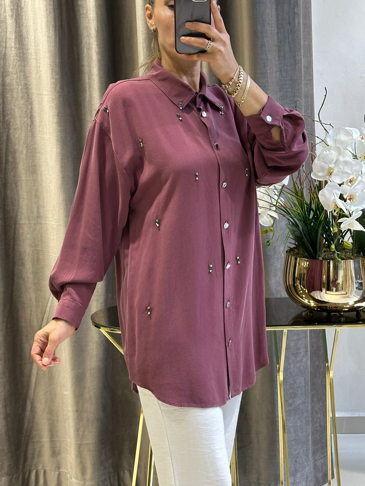 PAMUK TENSEL TAŞ TEDAYLI GÖMLEK - BORDO