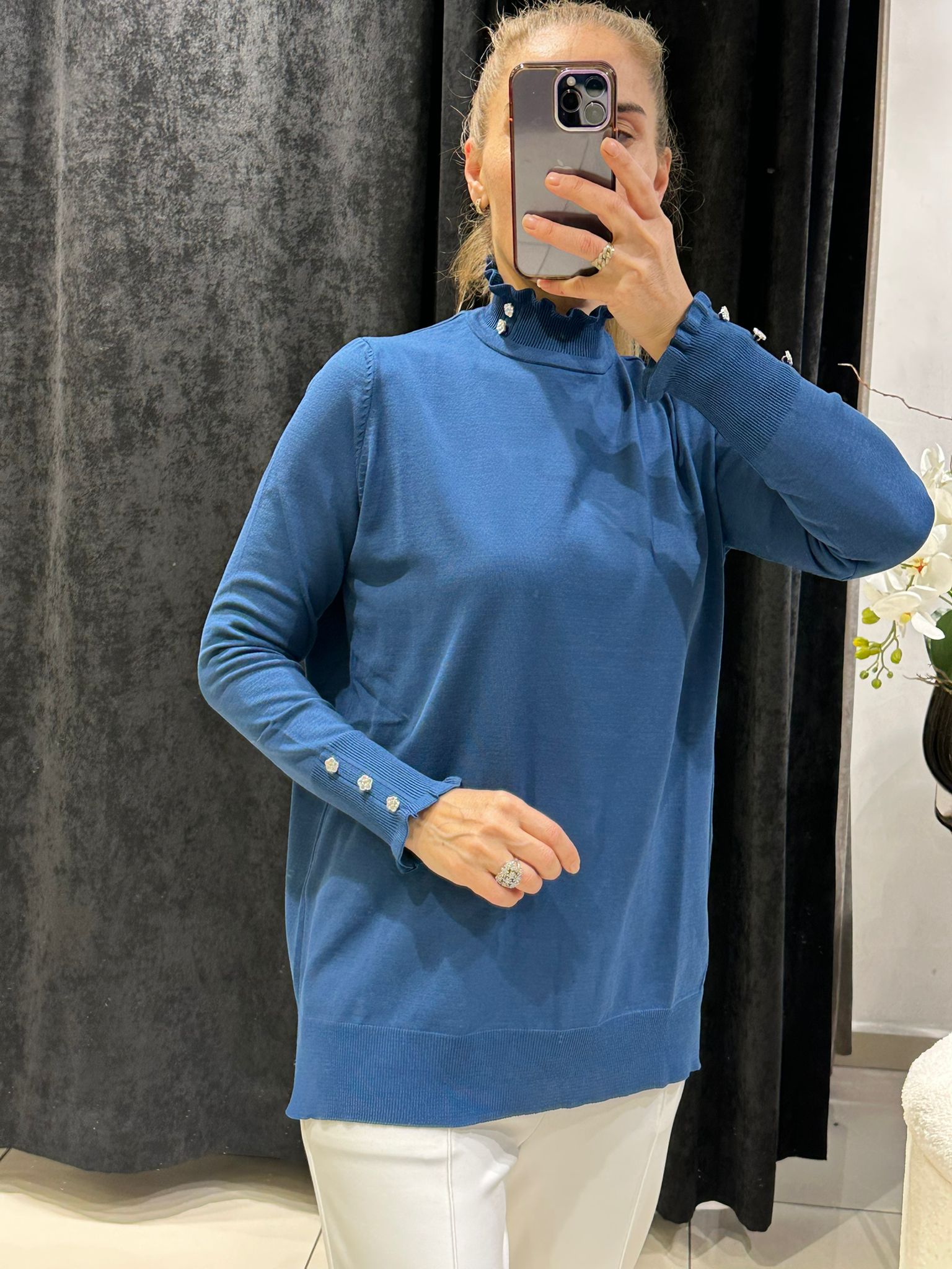 FIRFIR YAKA DÜĞME DETAYLI SOĞUK İP MESERİZE TRİKO  - İNDİGO