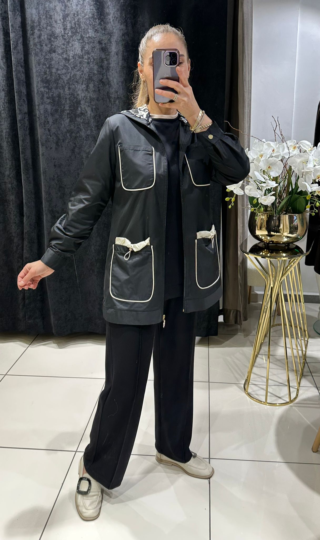 YAĞMURLUK BAMBIR  CEKET DETAYLI ÜÇLÜ TAKIM  - SİYAH