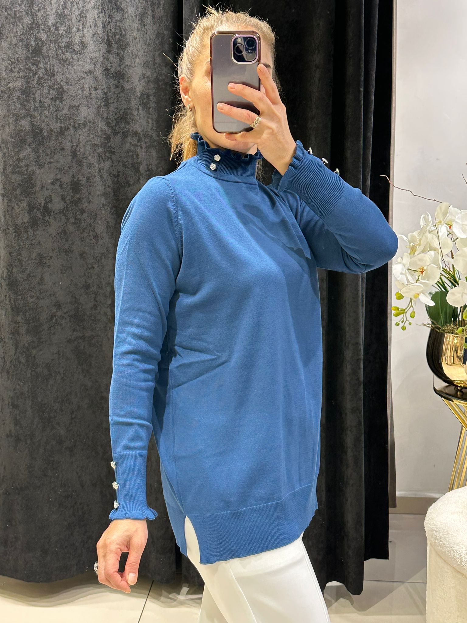 FIRFIR YAKA DÜĞME DETAYLI SOĞUK İP MESERİZE TRİKO  - İNDİGO