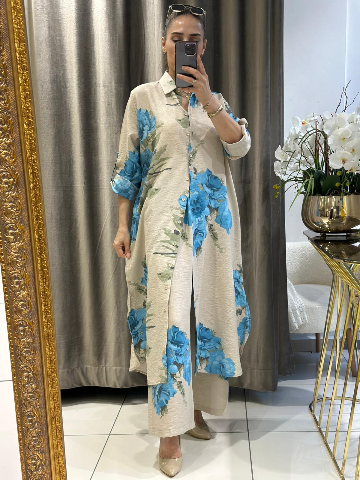 VİSKON MANGO KETEN UZUN TUNİK DİJİTAL BASKI TAKIM