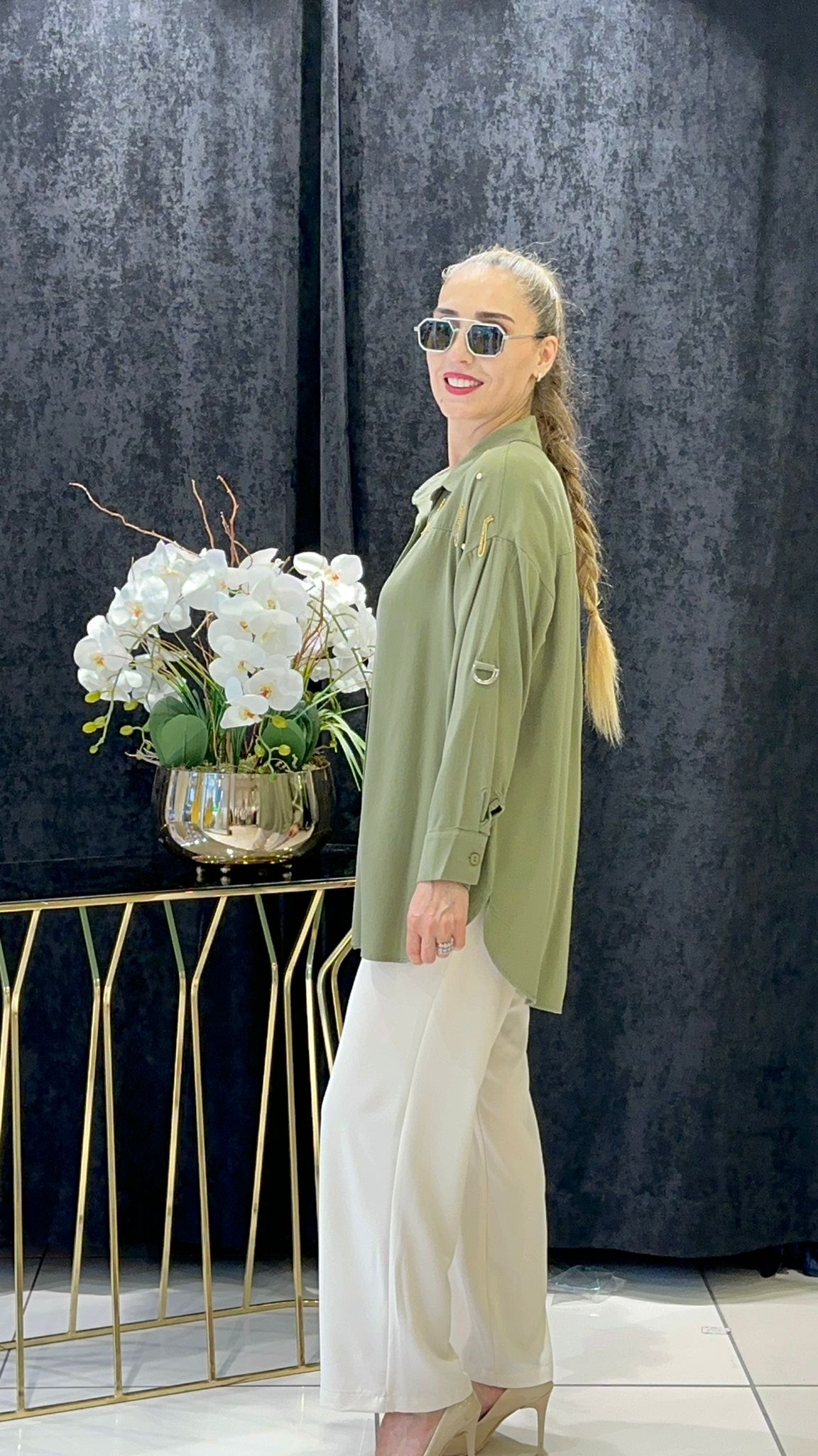 PAMUK TENSEL SU YOLU ZİNCİR TAŞ TEDAYLI GÖMLEK - HAKİ