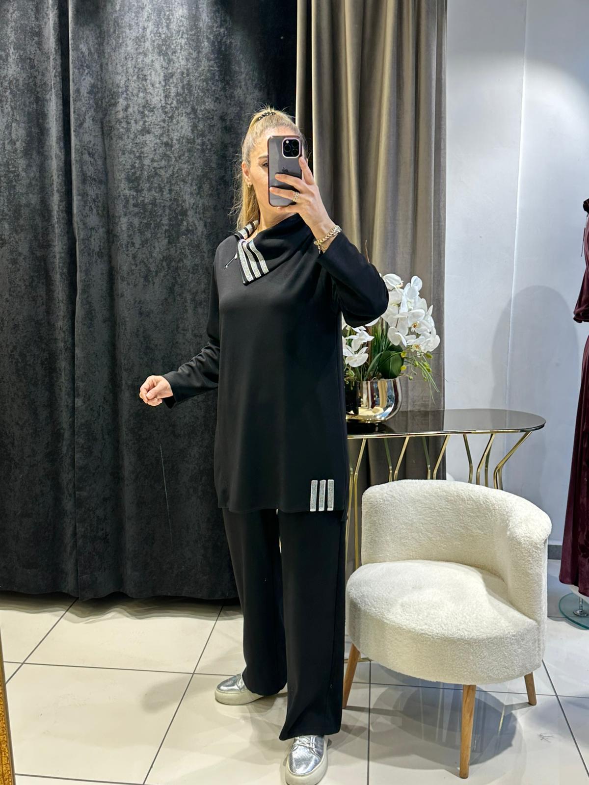 MENDİL YAKA İKİ İPLİK KUMAŞ İKİLİ TAKIM   - SİYAH