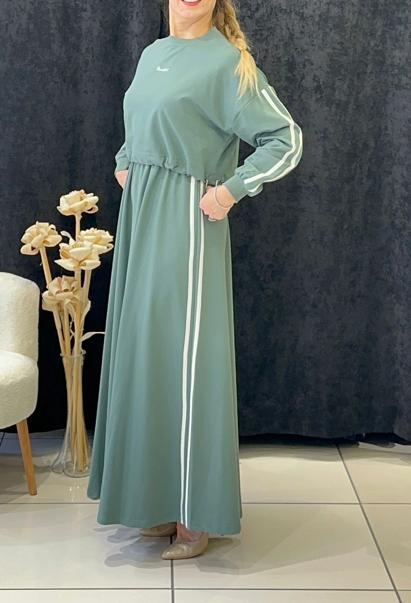 RİBANA DETAYLI İKİLİ ELBİSE İKİ İP PENYE KUMAŞ - MİNT 