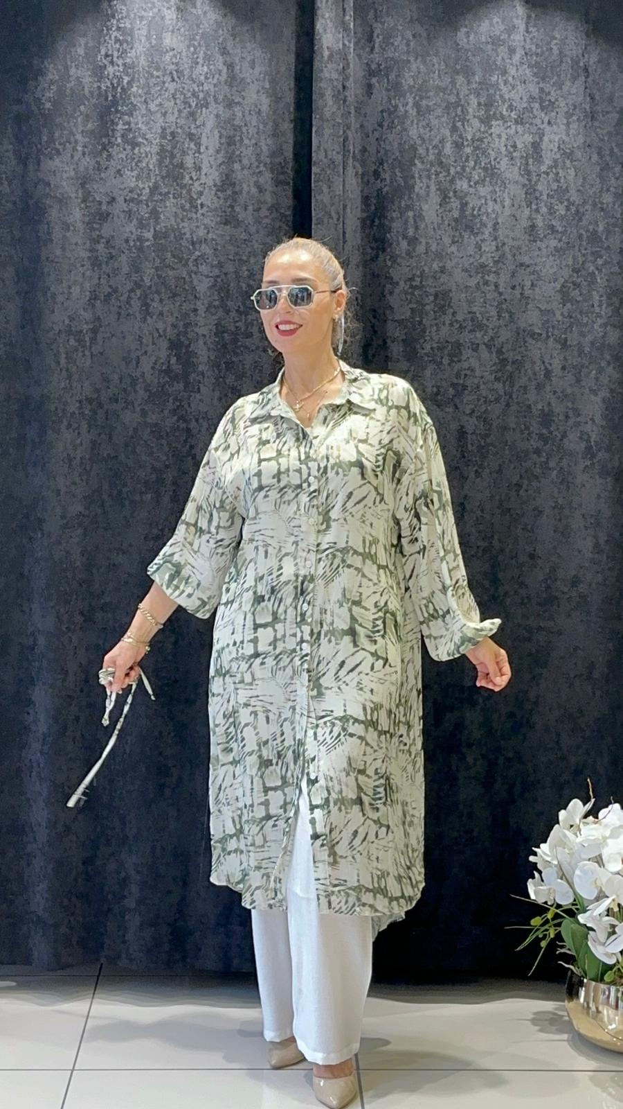 DİJİTAL BASKI VOAL UZUN TUNİK  - HAKİ