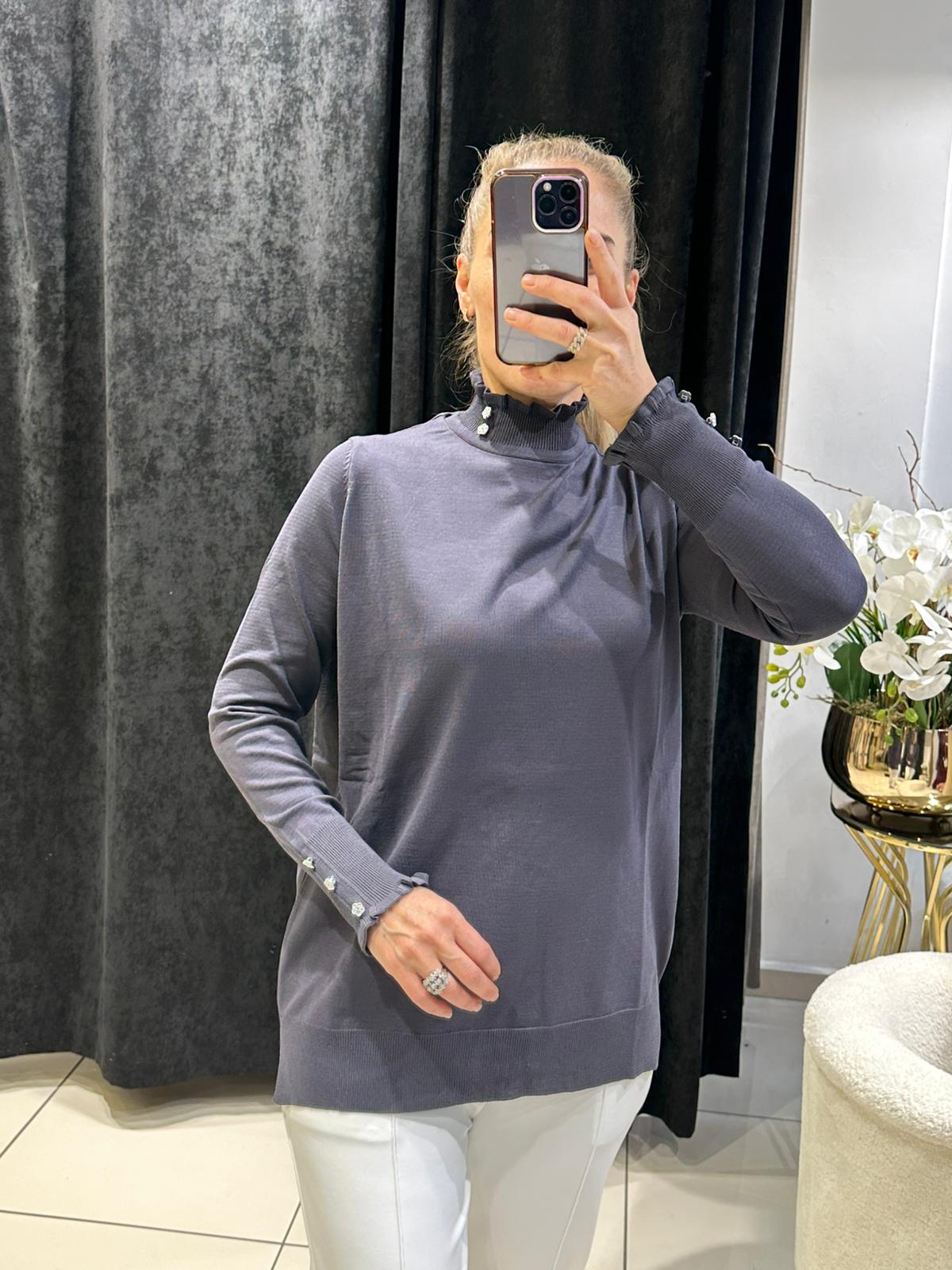 FIRFIR YAKA DÜĞME DETAYLI SOĞUK İP MESERİZE TRİKO  - ANTRASİT