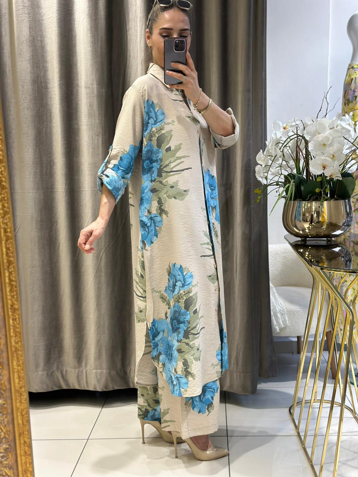 VİSKON MANGO KETEN UZUN TUNİK DİJİTAL BASKI TAKIM