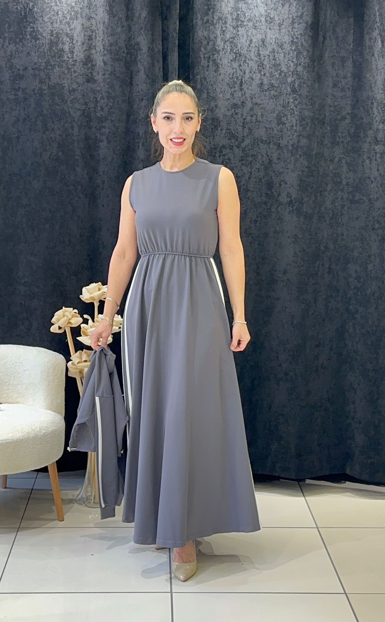 RİBANA DETAYLI İKİLİ ELBİSE İKİ İP PENYE KUMAŞ