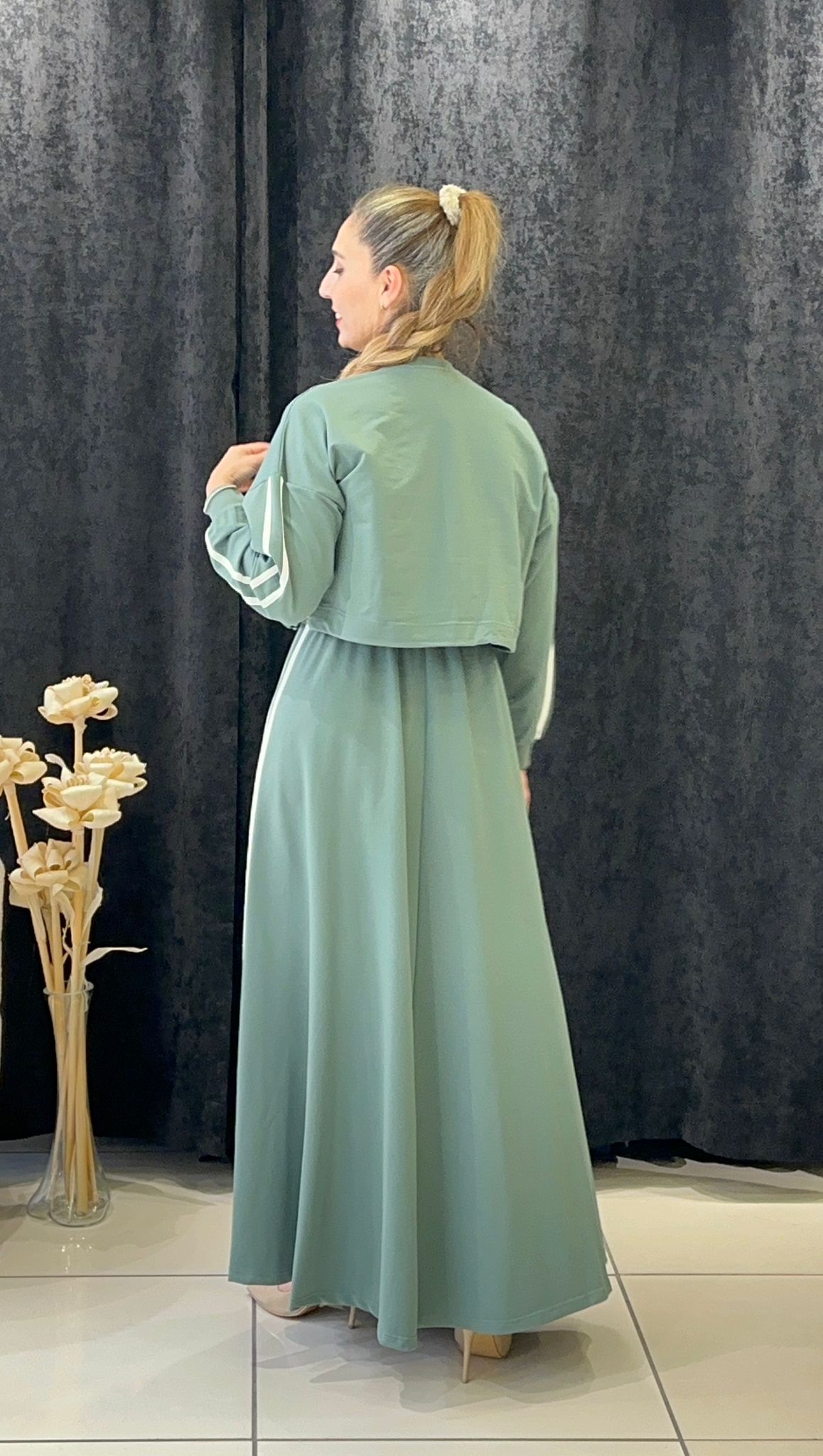 RİBANA DETAYLI İKİLİ ELBİSE İKİ İP PENYE KUMAŞ - MİNT 