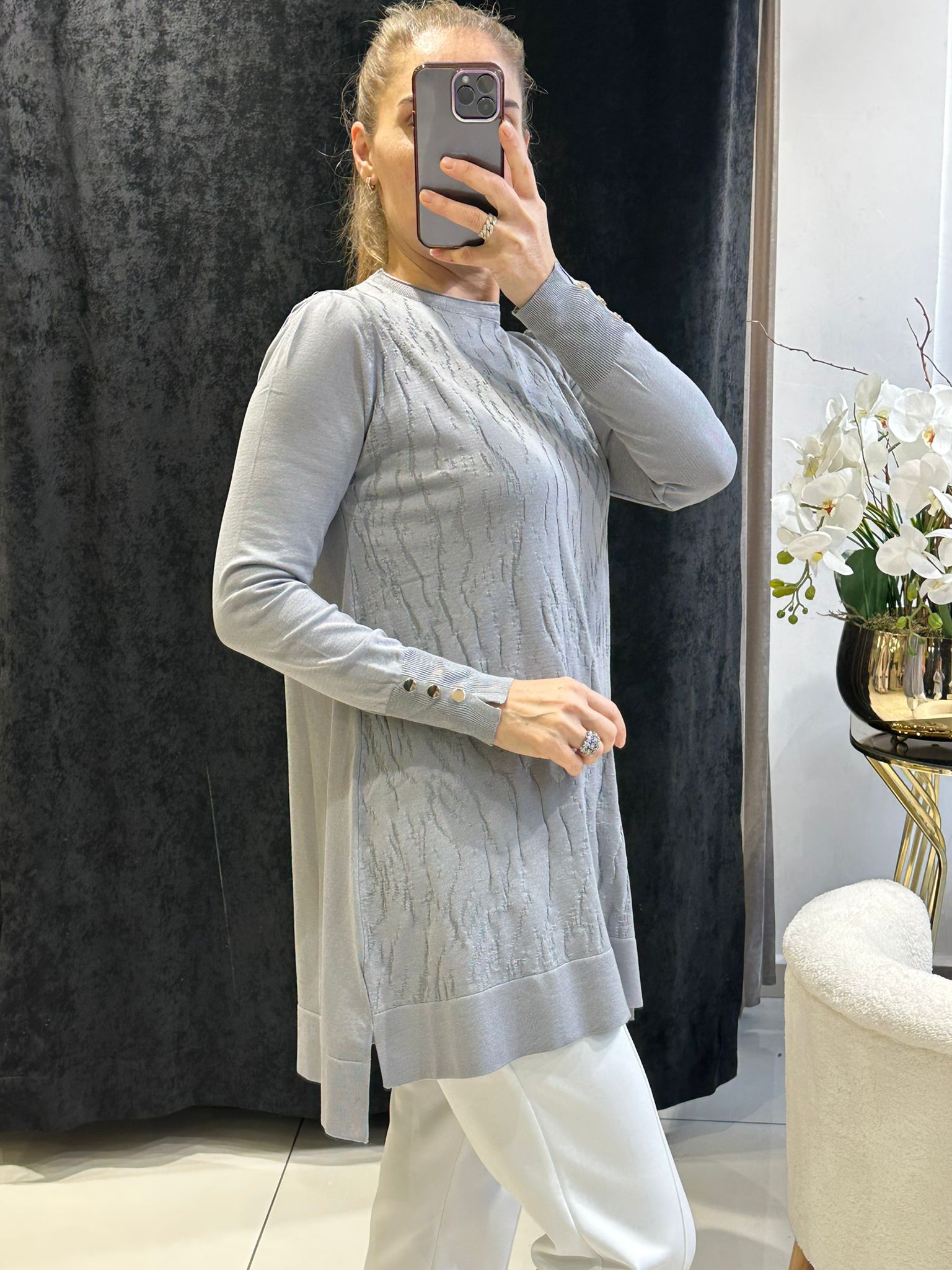 KENDİNDEN DESEN DETAYLI SOĞUK İP MESERİZE TRİKO