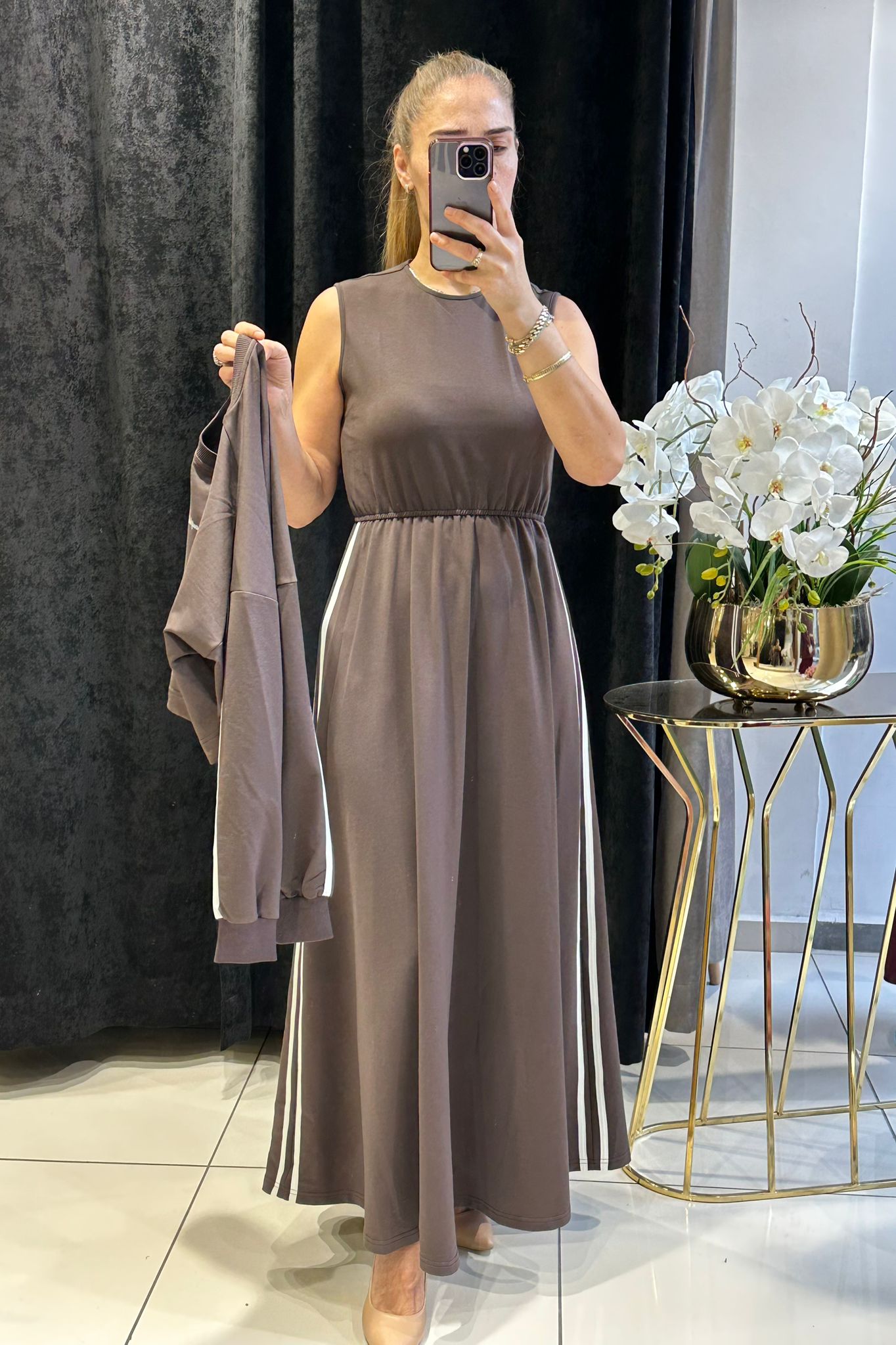 RİBANA DETAYLI İKİLİ ELBİSE İKİ İP PENYE KUMAŞ - KAHVE