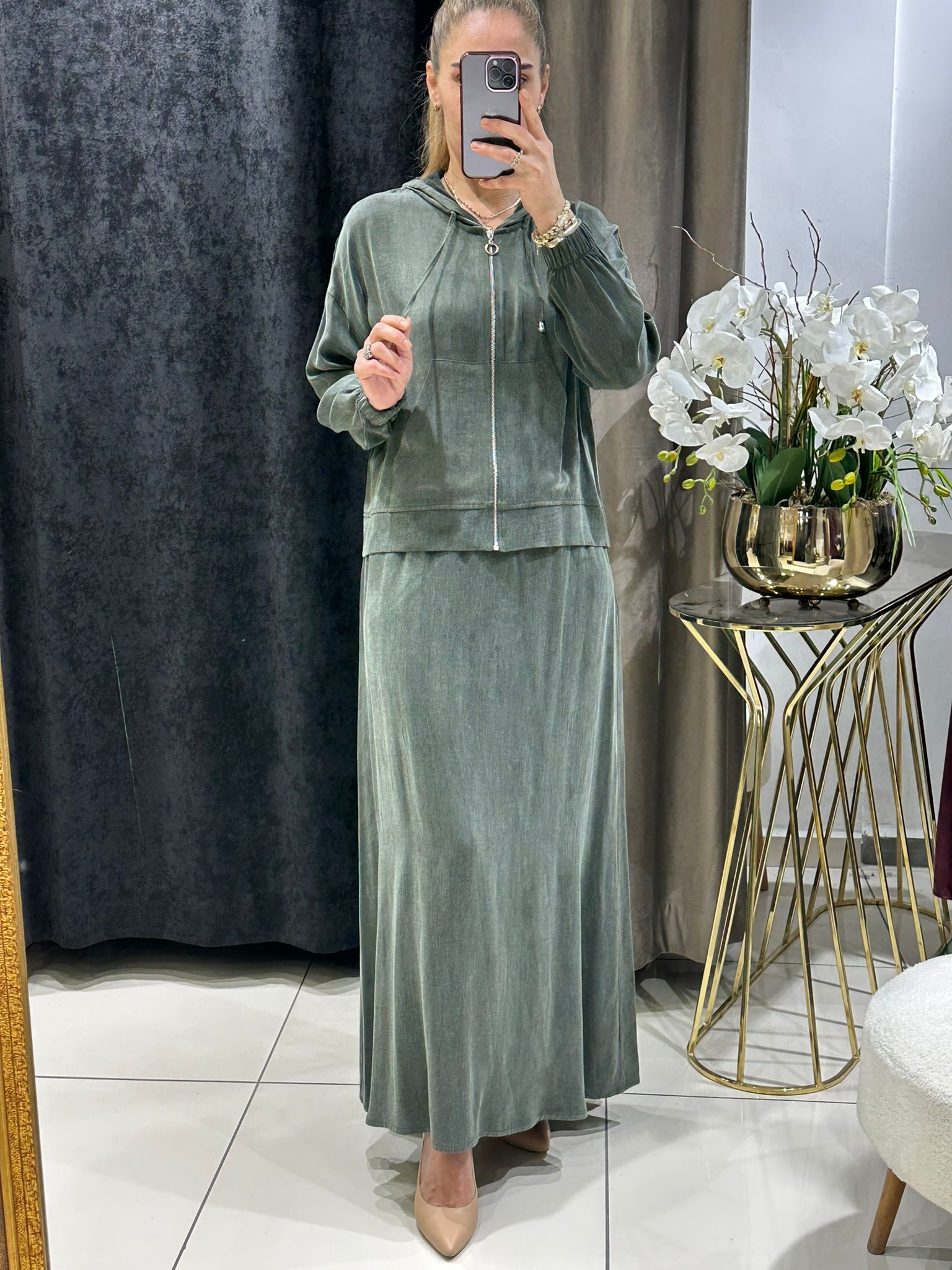 İPEK KUPRA KUMAŞ BAMBIRLI CEKET ETİKİLİ TAKIM - HAKİ