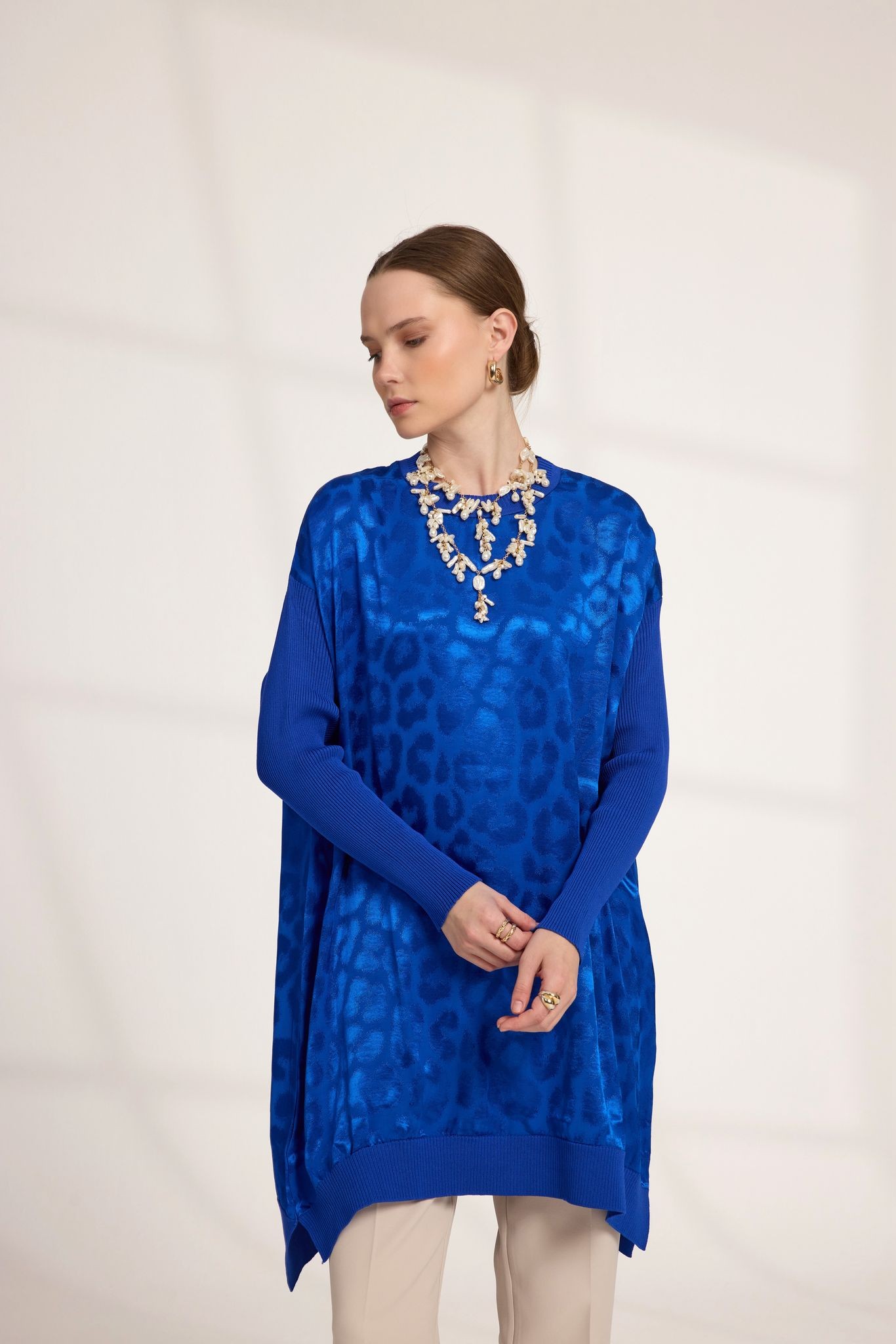 LEOPAR DESEN JAKAR GARNİLİ SOĞUK İP MESERİZE  - SAKS MAVİ