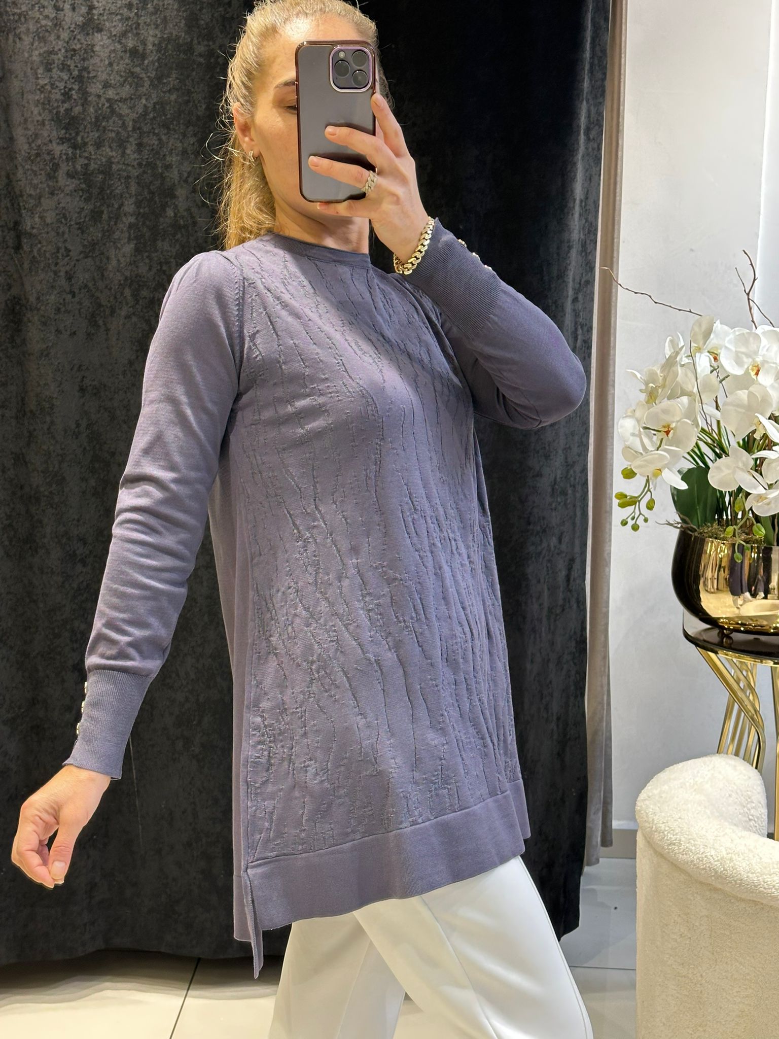 KENDİNDEN DESEN DETAYLI SOĞUK İP MESERİZE TRİKO - ANTRASİT