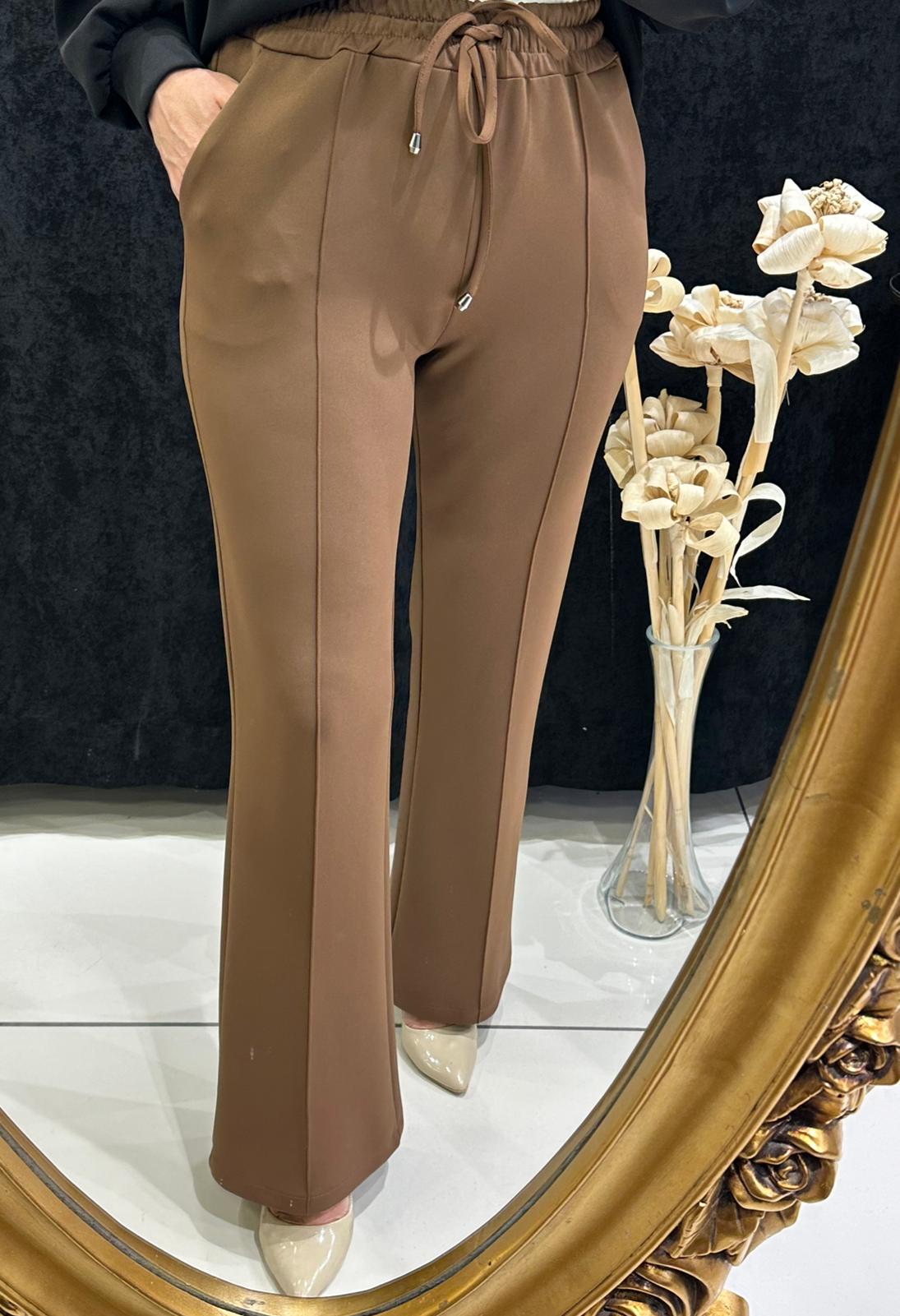 İSPANYOL PAÇA SCUBA BELİ LASTİKLİ PANTOLON  - KAHVE