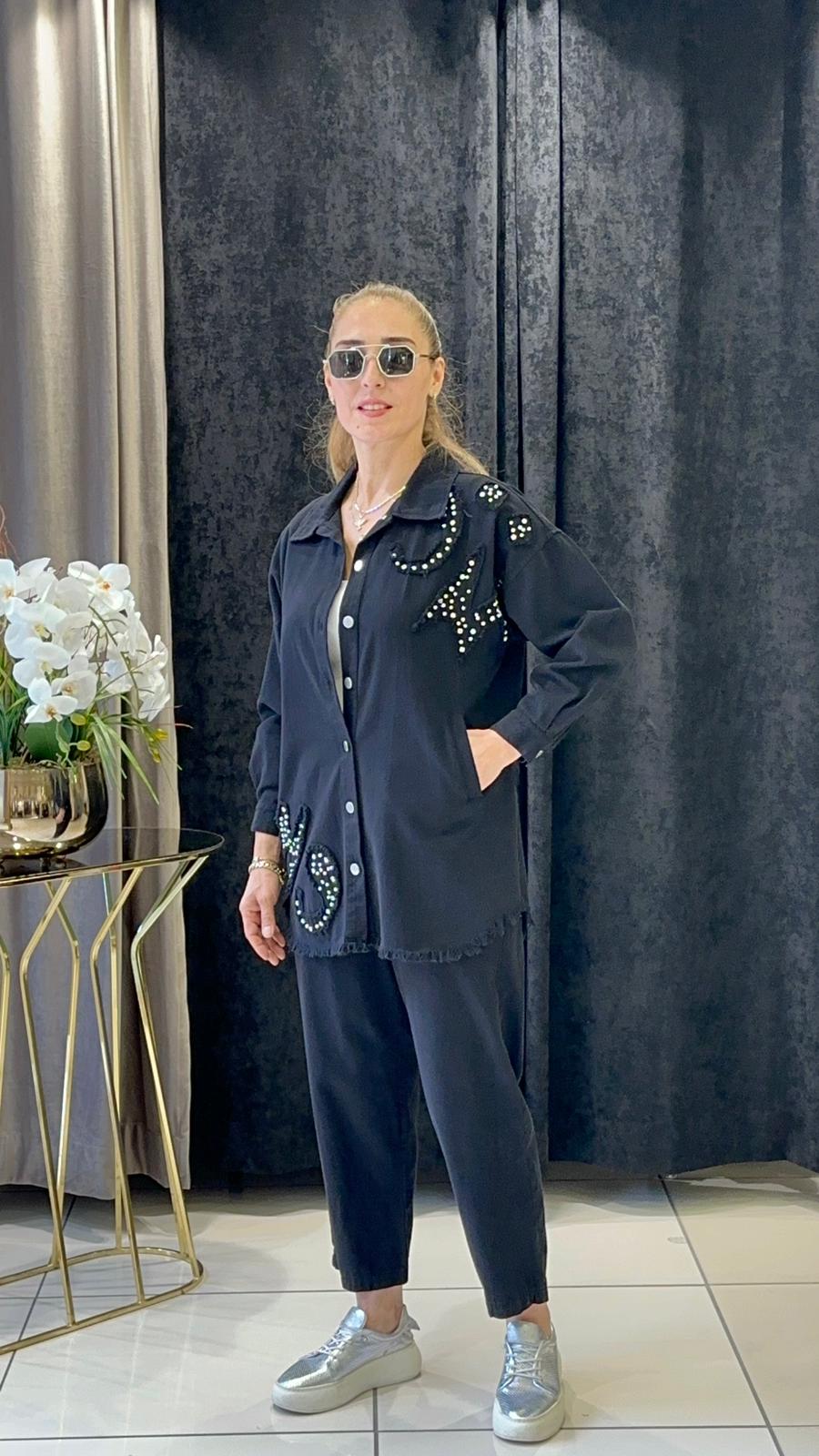 PAMUK GABARDİN TEŞ DETAYLI  PANTOLONLU TAKIM    - SİYAH