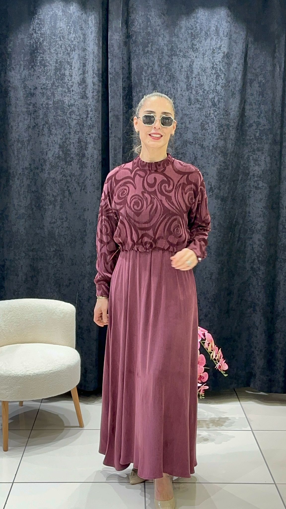 İPEK QUPRA GİRDAP DESEN TUNİK  VE SIFIR KOL ELBİSE - BORDO