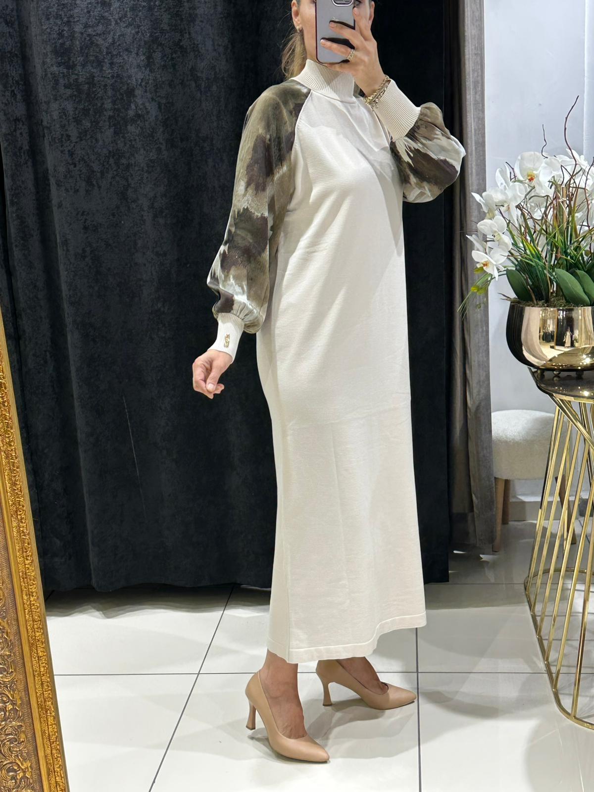 İPEK QUPRA KOL DETAY SOĞUK İPLİK MERSERİZE ELBİSE - TAŞ