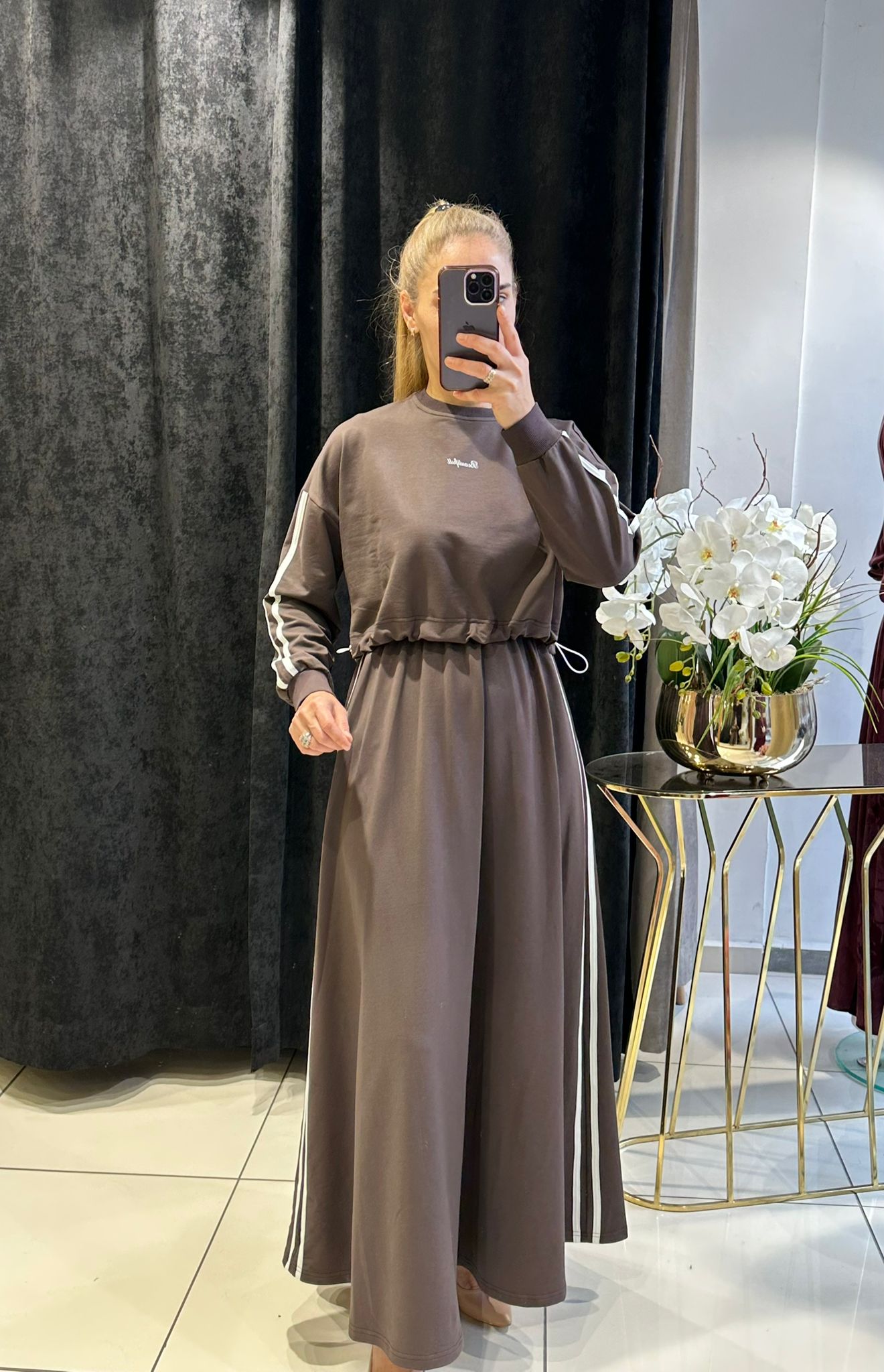 RİBANA DETAYLI İKİLİ ELBİSE İKİ İP PENYE KUMAŞ - KAHVE