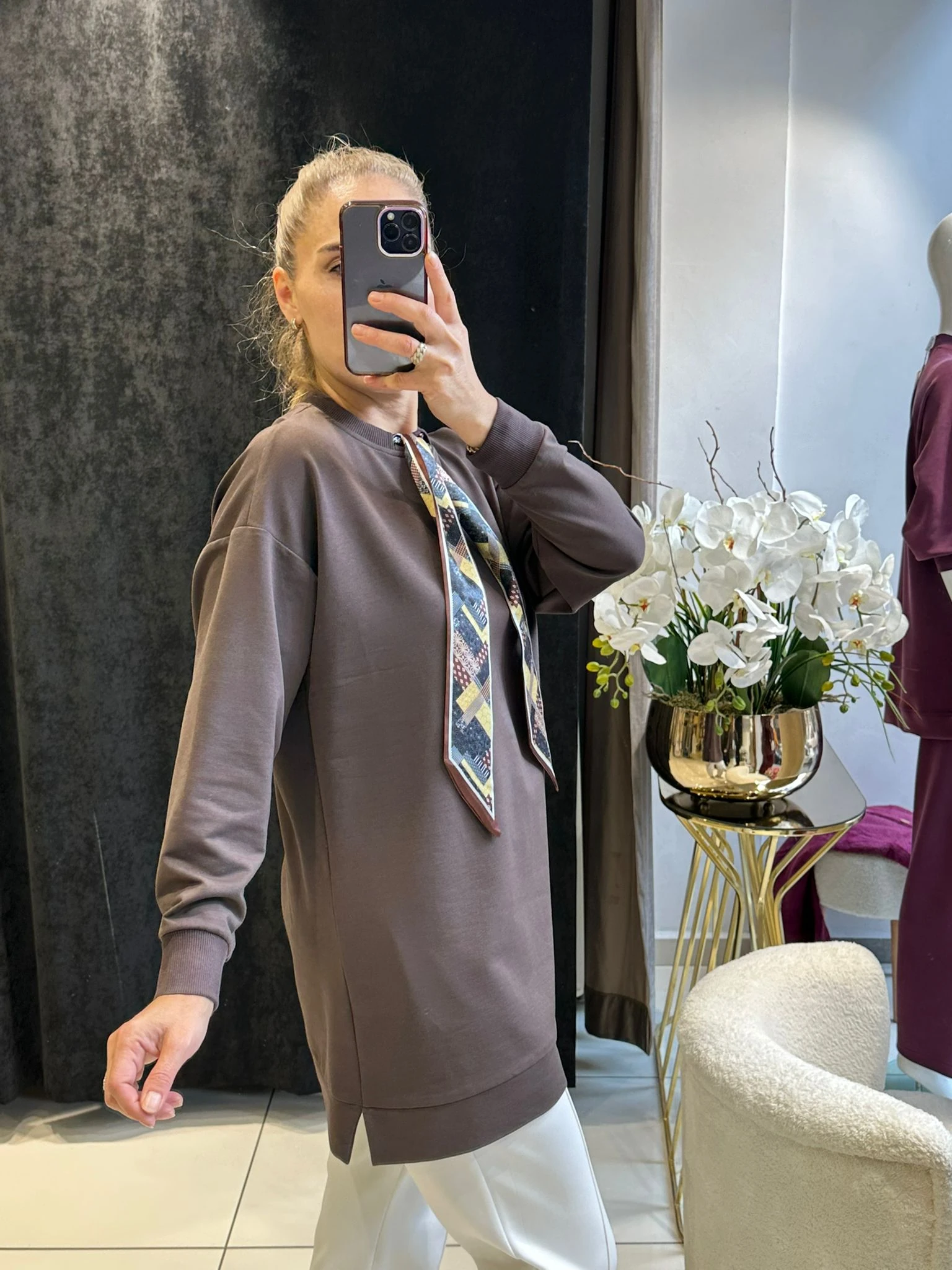 FLAR DETAY BEYZİK İKİ İPLİK PENYE TUNİK  - KAHVE